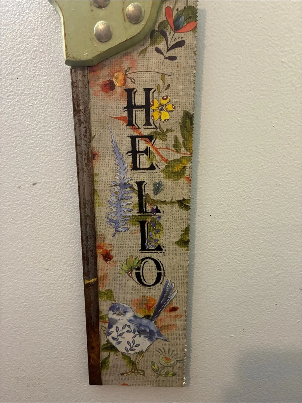 Green Floral 'HELLO' Saw Wall Decor
